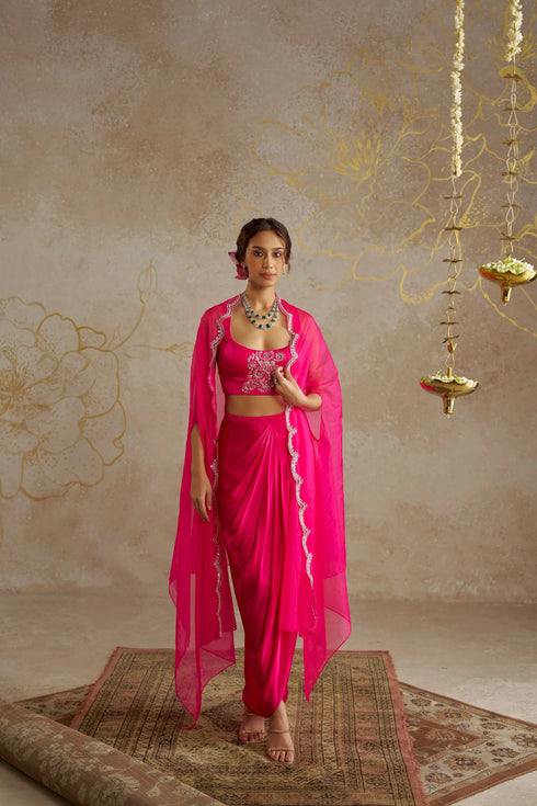 Hot Pink Draped Skirt With Bustier And Cape